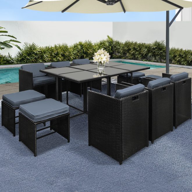 11 Piece PE Wicker Outdoor Dining Set – Black and Grey