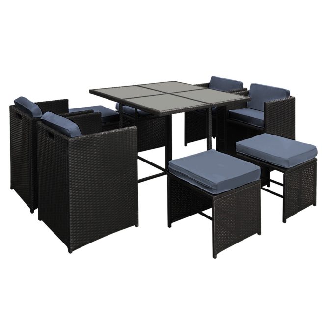 9 Piece Wicker Outdoor Dining Set – Black and Grey