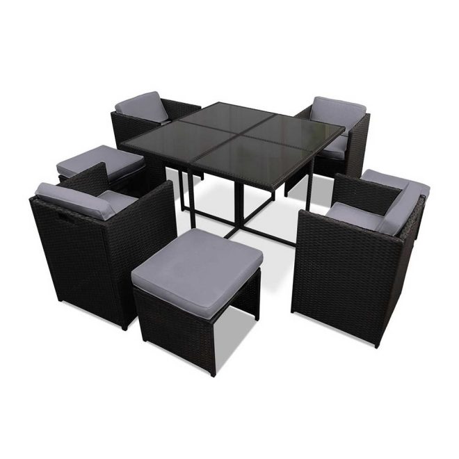 9 Piece Wicker Outdoor Dining Set – Black and Grey