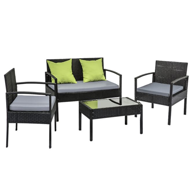 4 Seater Sofa Set Outdoor Furniture Lounge Setting Wicker Chairs Table Rattan Lounger Bistro Patio Garden Cushions Black – Without Cover