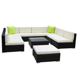 Sofa Set with Storage Cover Outdoor Furniture Wicker – 6 x Single Sofa + 2 x Corner Sofa + 1 x Table + 1 x Ottoman