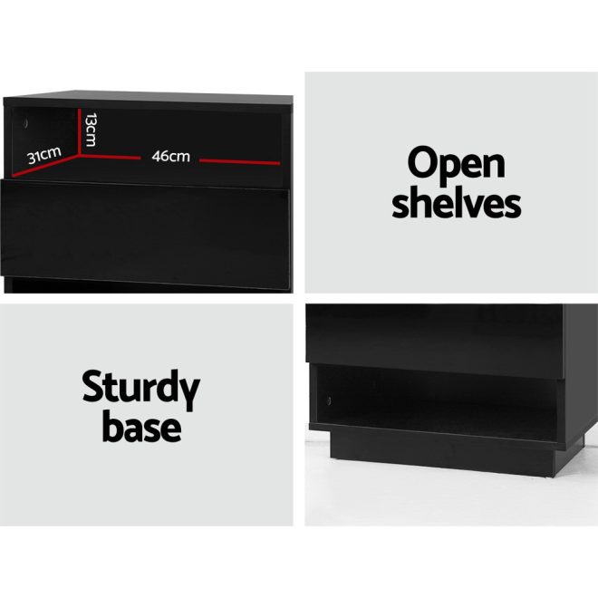 Bradford Bedside Tables Side Table RGB LED Drawers Nightstand High Gloss – Black