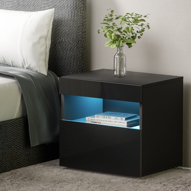 Palisades Bedside Tables Drawers Side Table RGB LED High Gloss Nightstand – Black