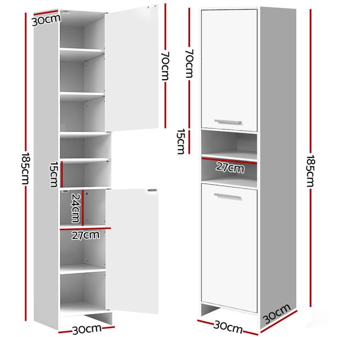 185cm Bathroom Cabinet Tallboy Furniture Toilet Storage Laundry Cupboard – White