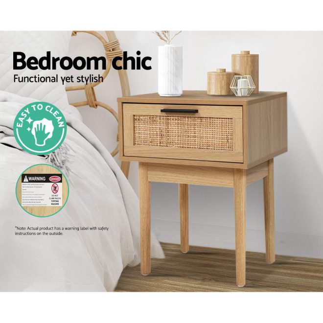 Abington Bedside Tables Table 1 Drawer Storage Cabinet Rattan Wood Nightstand