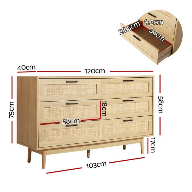 Chest of Drawers Rattan Tallboy Cabinet Bedroom Clothes Storage Wood – 6 Drawer