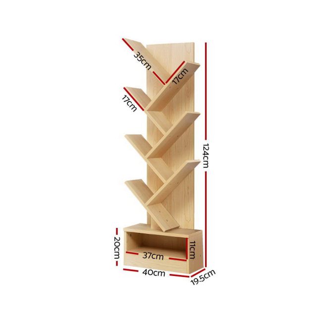 Display Shelf Tree Bookshelf Book Storage Rack Bookcase – Natural, 7 Shelf