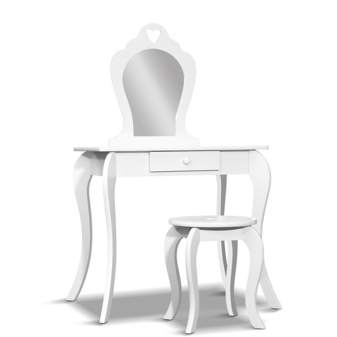 Kids Vanity Dressing Table Stool Set Mirror Princess Children Makeup – White