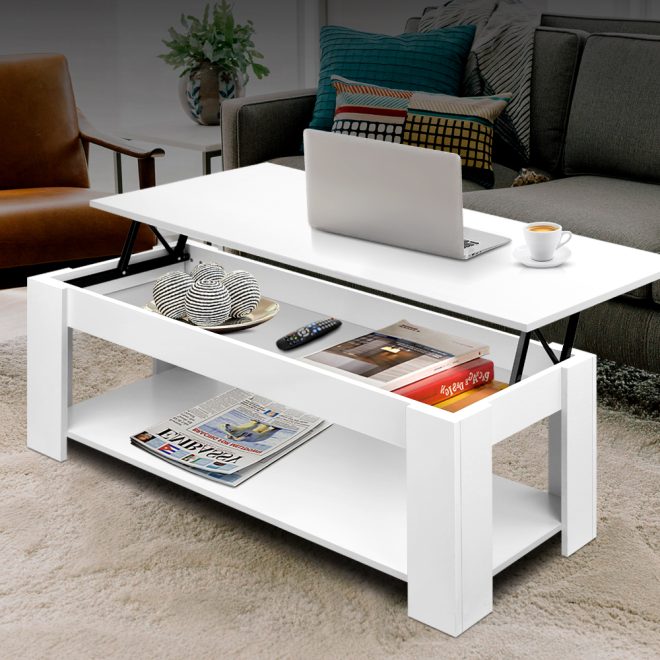 Lift Up Top Coffee Table Storage Shelf – White