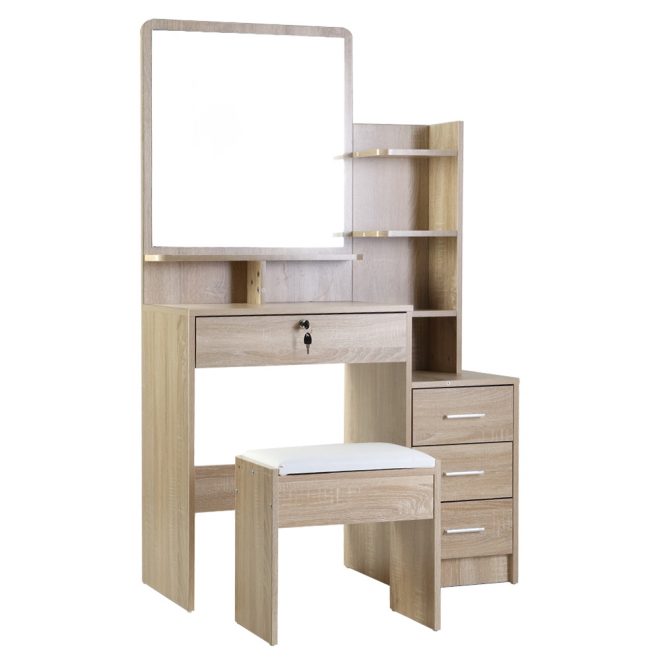 Dressing Table Mirror Stool Set Vanity Makeup Desk Organizer Drawer – Oak