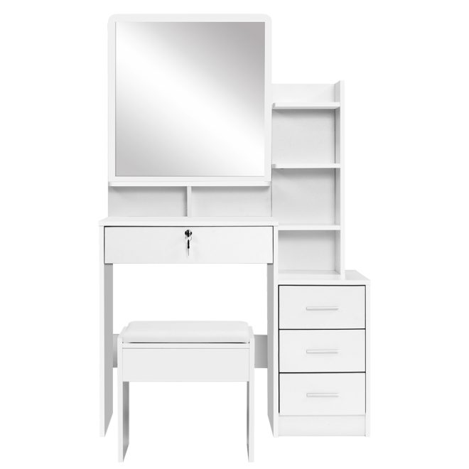 Dressing Table Mirror Stool Set Vanity Makeup Desk Organizer Drawer – White