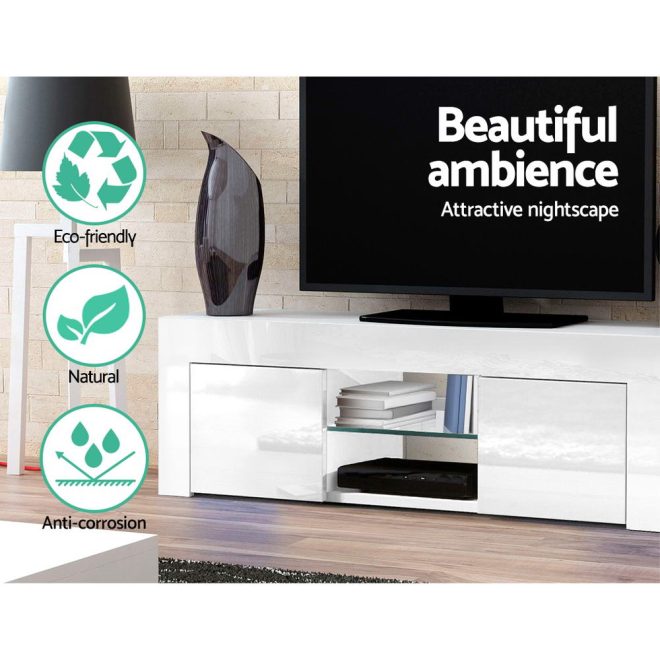 130cm High Gloss TV Stand Entertainment Unit Storage Cabinet Tempered Glass Shelf White