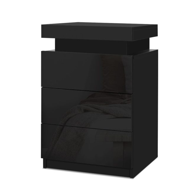 Eastbourne Bedside Tables Side Table Drawers RGB LED High Gloss Nightstand – Black, Model 4