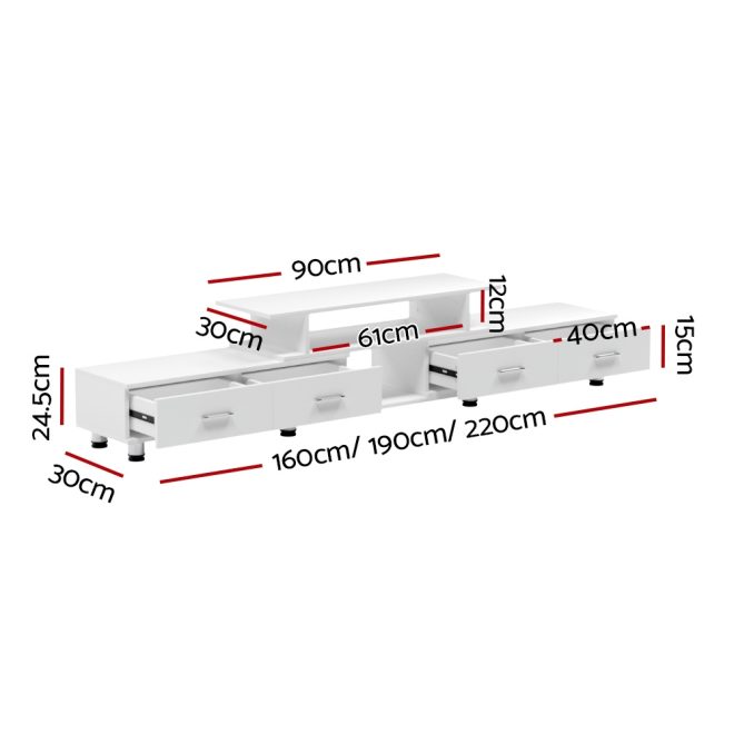 Crawley TV Cabinet Entertainment Unit Stand Wooden 160CM To 220CM Lowline Storage Drawers – White