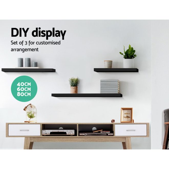 3 Piece Floating Wall Shelves – Black