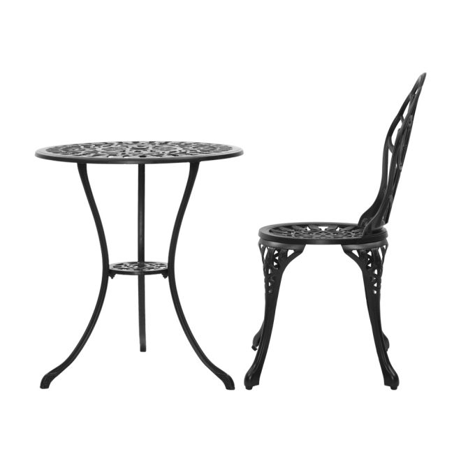 3PC Outdoor Setting Cast Aluminium Bistro Table Chair Patio – Black