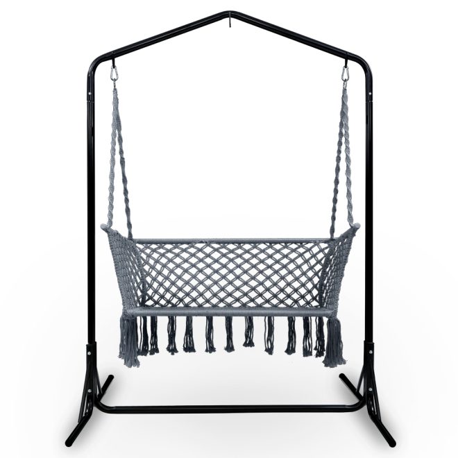 Double Swing Hammock Chair with Stand Macrame Outdoor Bench Seat Chairs – Grey