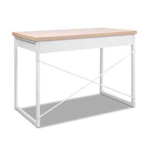 Metal Desk with Drawer – Wooden Top – Oak and White