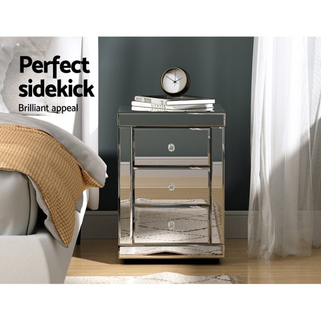 Albury Mirrored Bedside table Drawers Furniture Mirror Glass Presia – Silver, 1