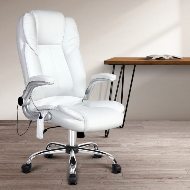 Massage Office Chair 8 Point PU Leather Office Chair – White