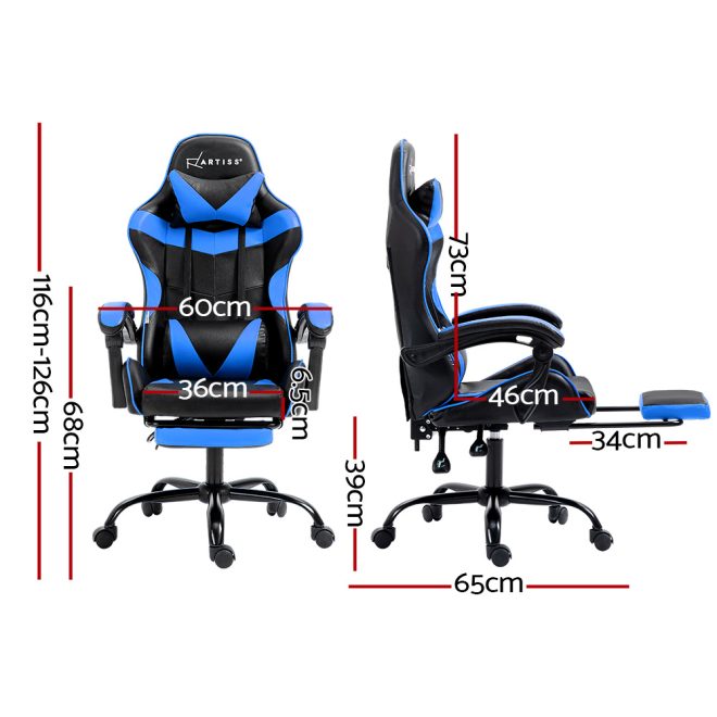 Office Chair Leather Gaming Chairs Footrest Recliner Study Work – Black and Blue