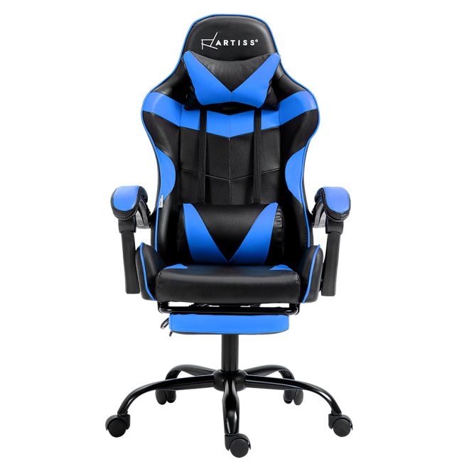 Office Chair Leather Gaming Chairs Footrest Recliner Study Work – Black and Blue