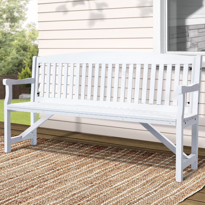 Wooden Garden Bench Chair Outdoor Furniture Decor Patio Deck 3 Seater – White