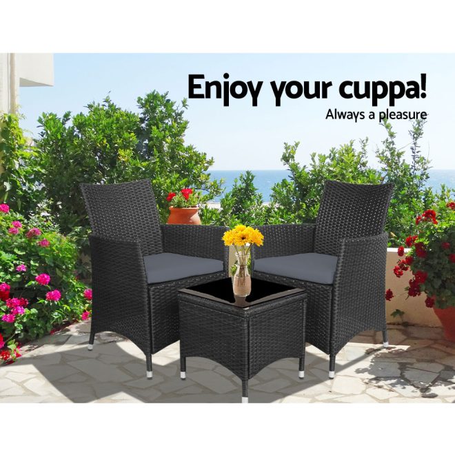 3pc Bistro Wicker Outdoor Furniture Set – Black