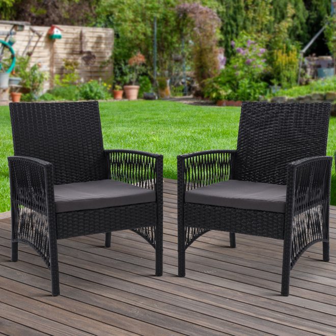 Outdoor Furniture Dining Chairs Wicker Garden Patio Cushion Black Gardeon – 2x chair