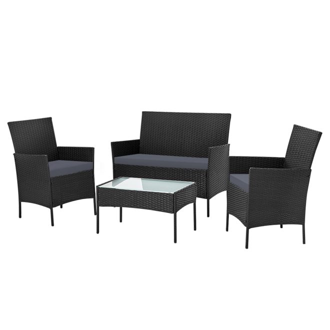 4-piece Outdoor Lounge Setting Wicker Patio Furniture Dining Set – Black and Grey, Without Storage Cover