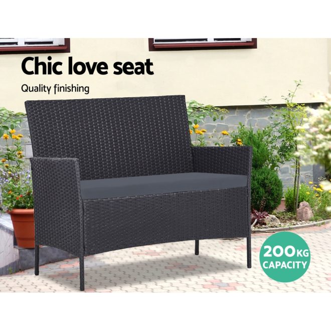 4-piece Outdoor Lounge Setting Wicker Patio Furniture Dining Set – Black and Grey, Without Storage Cover