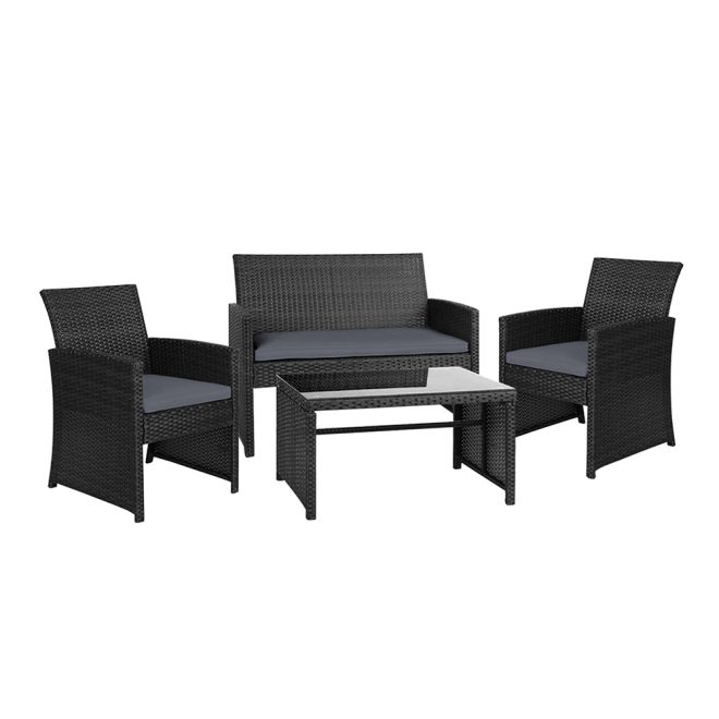 Set of 4 Outdoor Lounge Setting Rattan Patio Wicker Dining Set – Black and Grey, Without Storage Cover