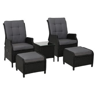 5PC Recliner Chairs Table Sun lounge Wicker Outdoor Furniture Adjustable Black