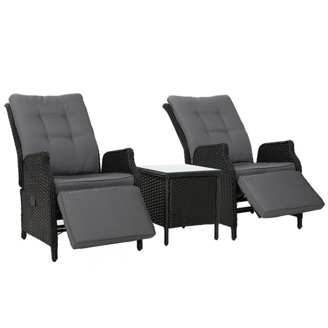 3PC Recliner Chairs Table Sun lounge Outdoor Furniture Wicker Adjustable Black