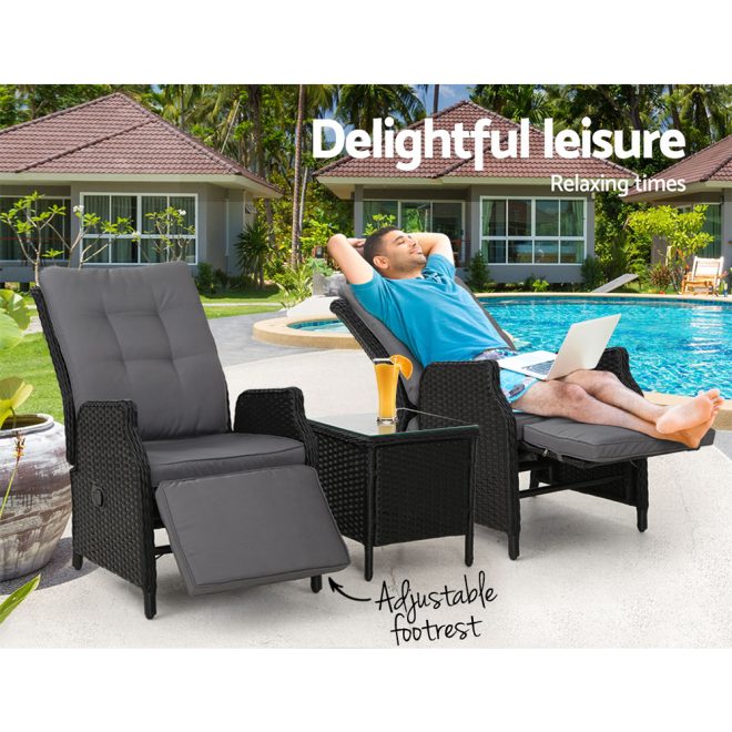 3PC Recliner Chairs Table Sun lounge Outdoor Furniture Wicker Adjustable Black