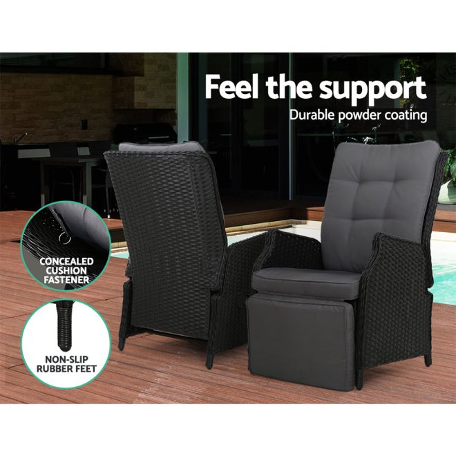 3PC Recliner Chairs Table Sun lounge Outdoor Furniture Wicker Adjustable Black