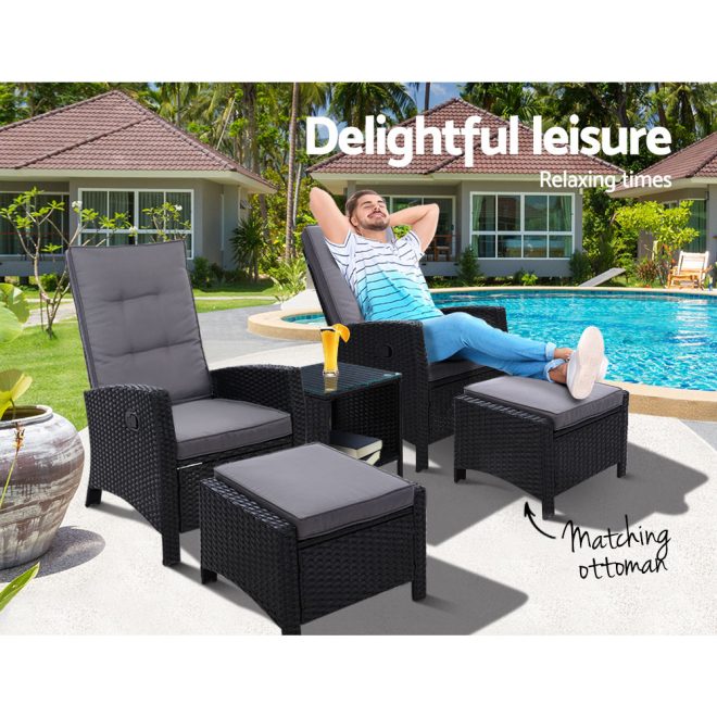 Outdoor Setting Recliner Chair Table Set Wicker lounge Patio Furniture