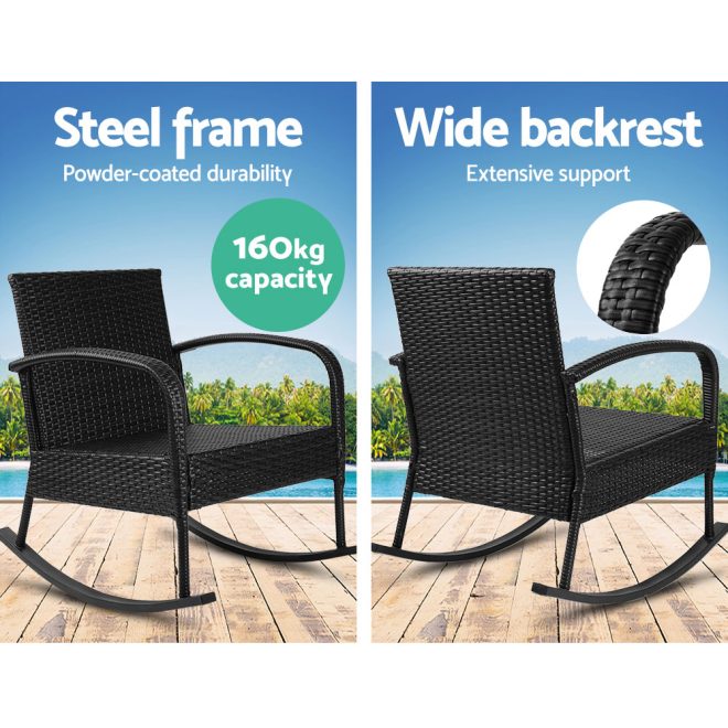 3PC Rocking Chair Table Wicker Outdoor Furniture Patio Bistro Set Black