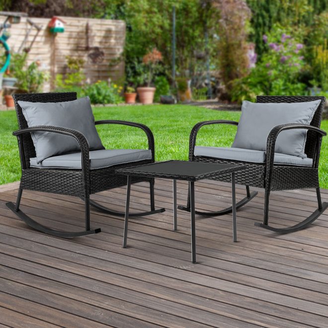 3PC Rocking Chair Table Wicker Outdoor Furniture Patio Bistro Set Black