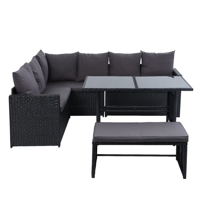 Outdoor Furniture Dining Setting Sofa Set Lounge Wicker 8 Seater – Black and Dark Grey, Without Storage Cover