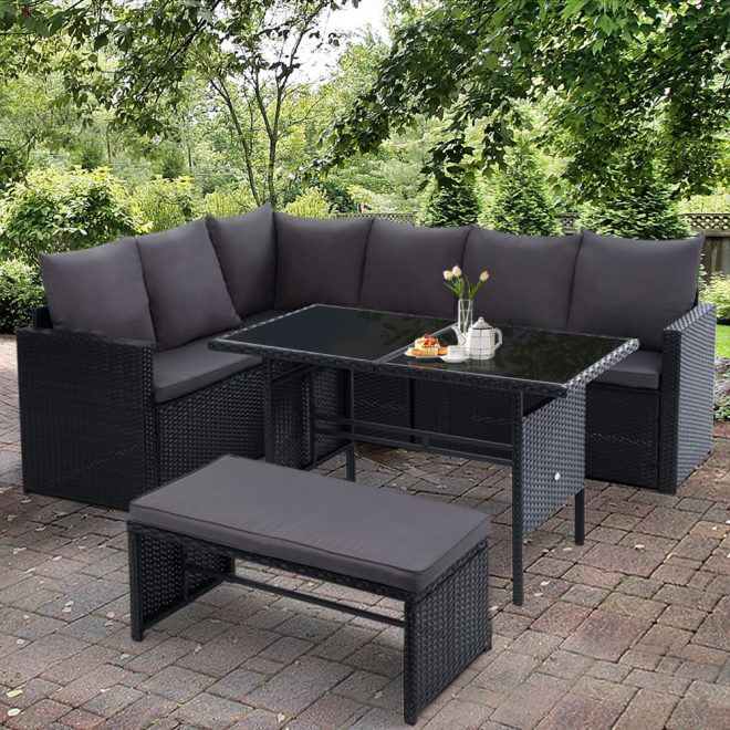 Outdoor Furniture Dining Setting Sofa Set Lounge Wicker 8 Seater – Black and Dark Grey, Without Storage Cover