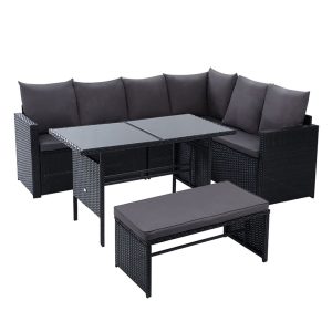 Outdoor Furniture Dining Setting Sofa Set Lounge Wicker 8 Seater – Black and Dark Grey, With Storage Cover