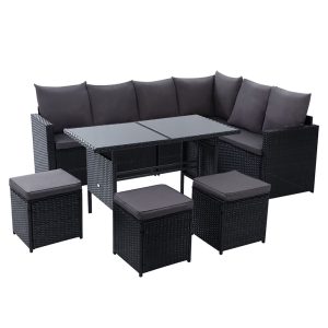 Outdoor Furniture Dining Setting Sofa Set Lounge Wicker 9 Seater – Black and Dark Grey, Without Storage Cover