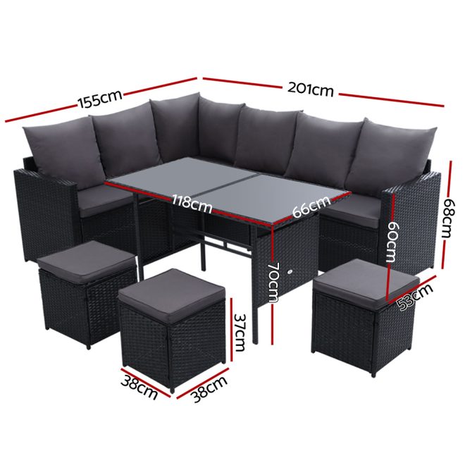 Outdoor Furniture Dining Setting Sofa Set Lounge Wicker 9 Seater – Black and Dark Grey, Without Storage Cover