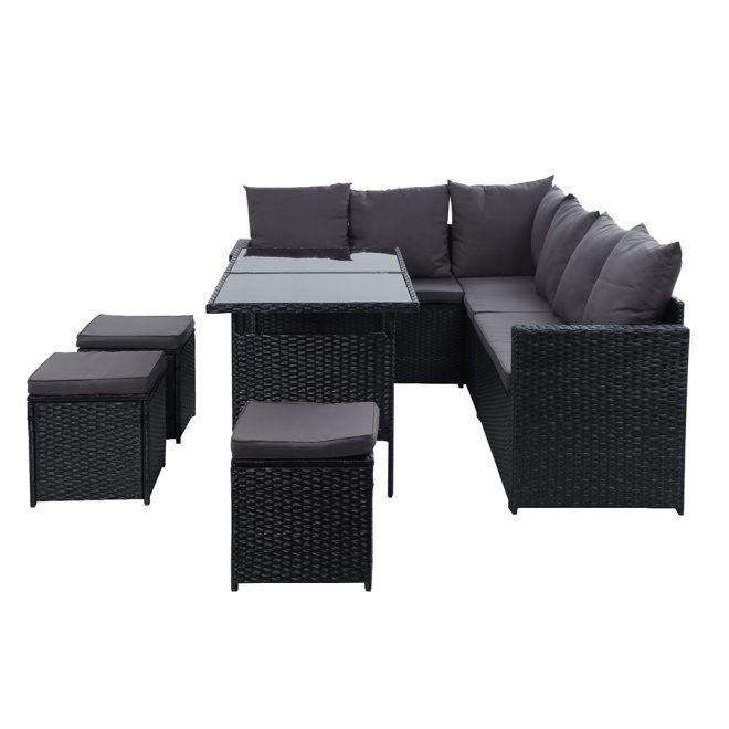 Outdoor Furniture Dining Setting Sofa Set Lounge Wicker 9 Seater – Black and Dark Grey, Without Storage Cover