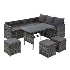 Outdoor Furniture Dining Setting Sofa Set Lounge Wicker 9 Seater – Dark Grey and Mixed Grey, With Storage Cover