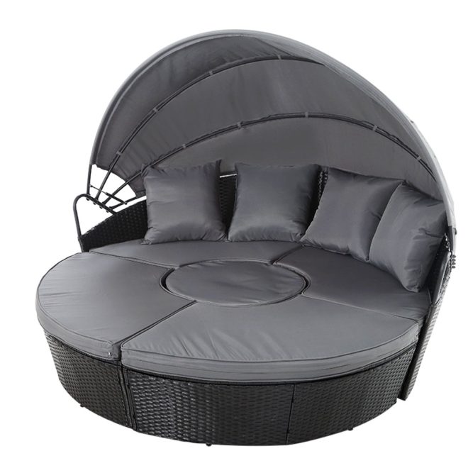 Outdoor Lounge Setting Sofa Patio Furniture Wicker Garden Rattan Set Day Bed – Grey and Black