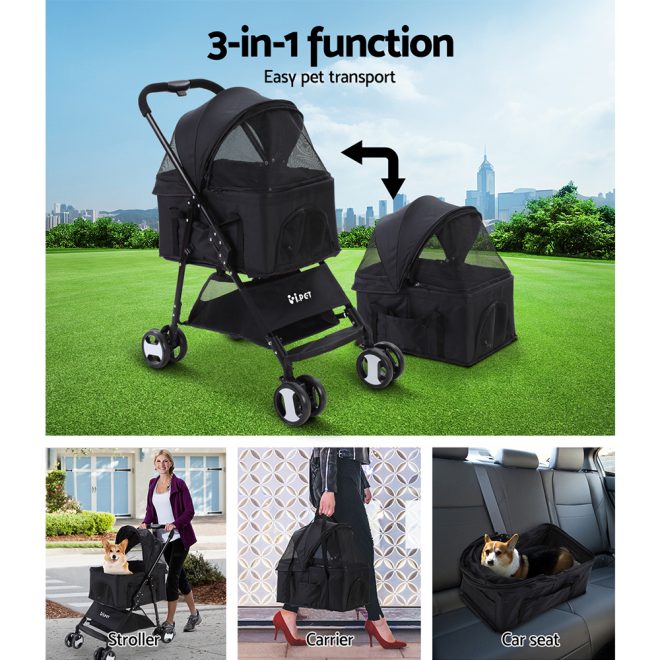 Pet Stroller Dog Carrier Foldable Pram 3 IN 1 Middle Size – Black