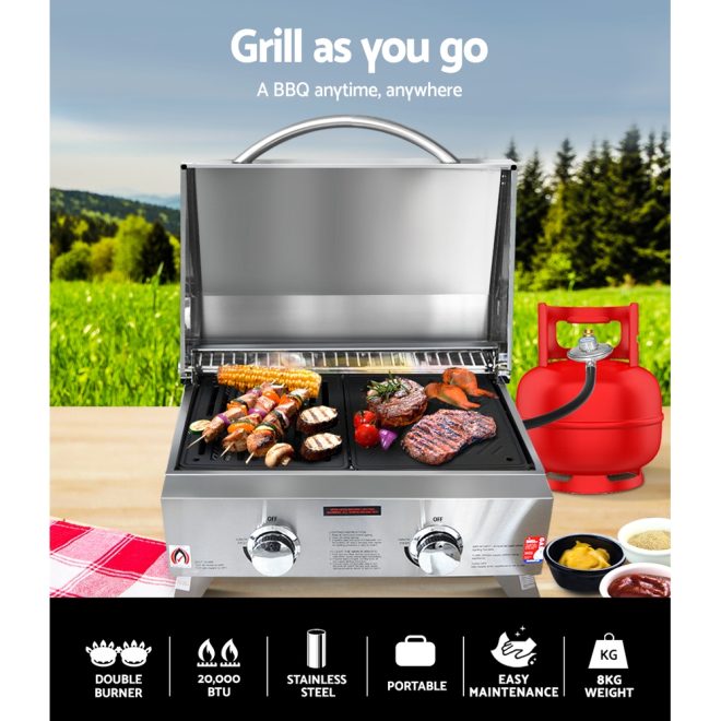 Portable Gas BBQ Grill 2 Burners with Double Sided Plate