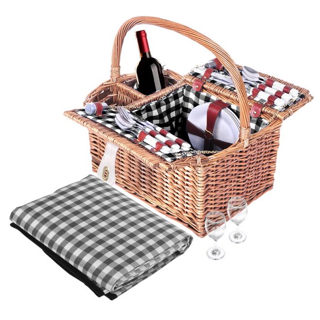 4 Person Picnic Basket Set Insulated Outdoor Blanket Bag